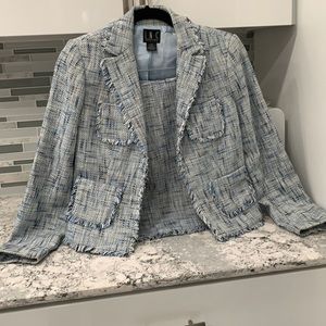 INC petite shades of blue two piece suit.